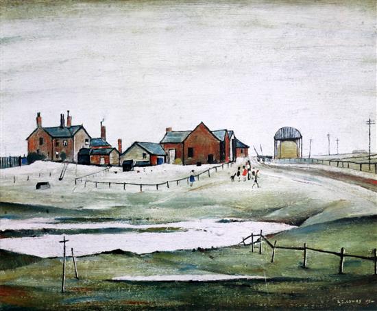 § Lawrence Stephen Lowry (1887-1976) Landscape with farm buildings 17.25 x 20.75in.